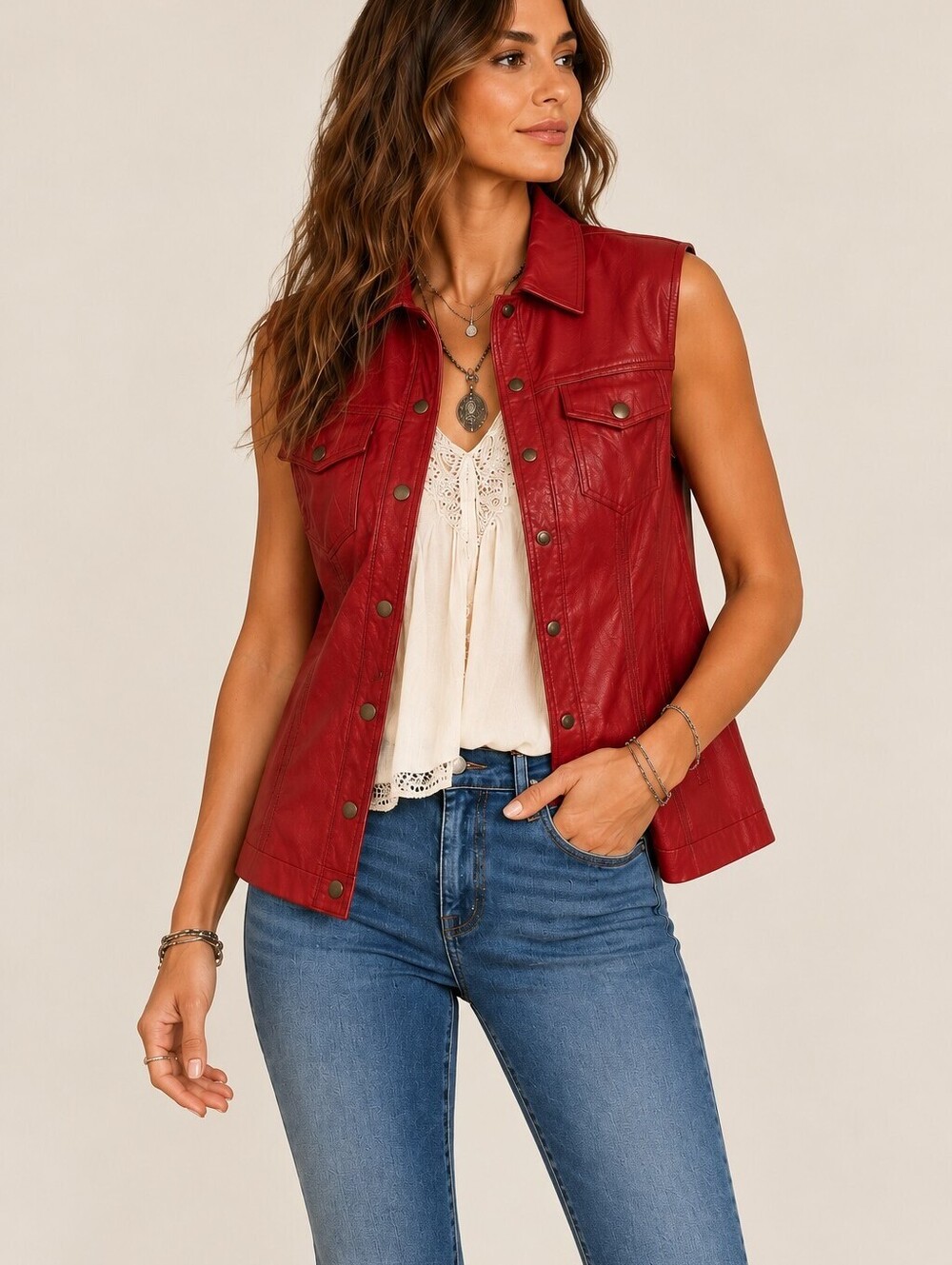 Jakett Etc Soft Leather Biker Vest Women L Red Moto Lightweight Cowgirl Western